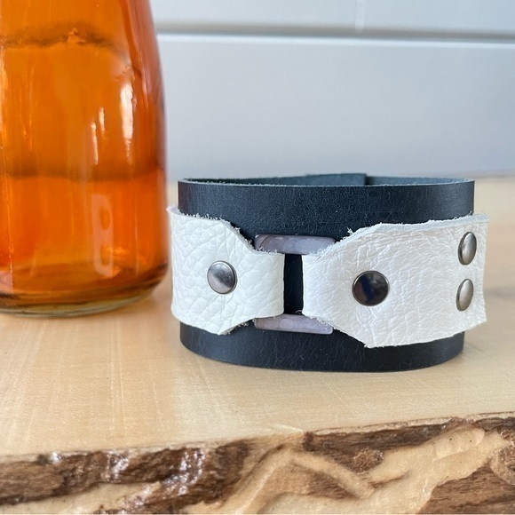 Artisan Other - $49 SALE Handmade Leather Cuff Bracelet 7” Dark Blue White Gunmetal Men Women